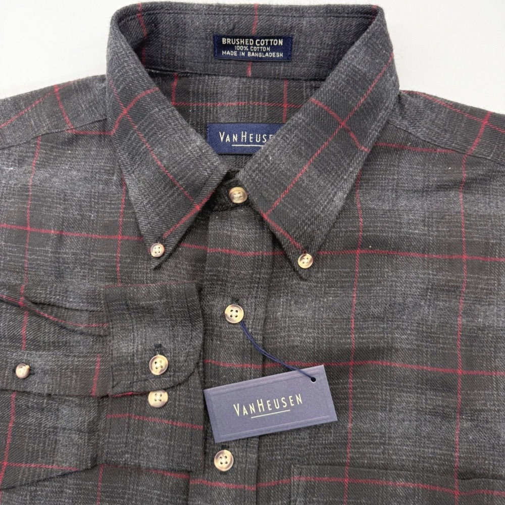 Van Heusen Button Down Mens Medium Grey Plaid‎ Brushed Cotton Flannel Shirt